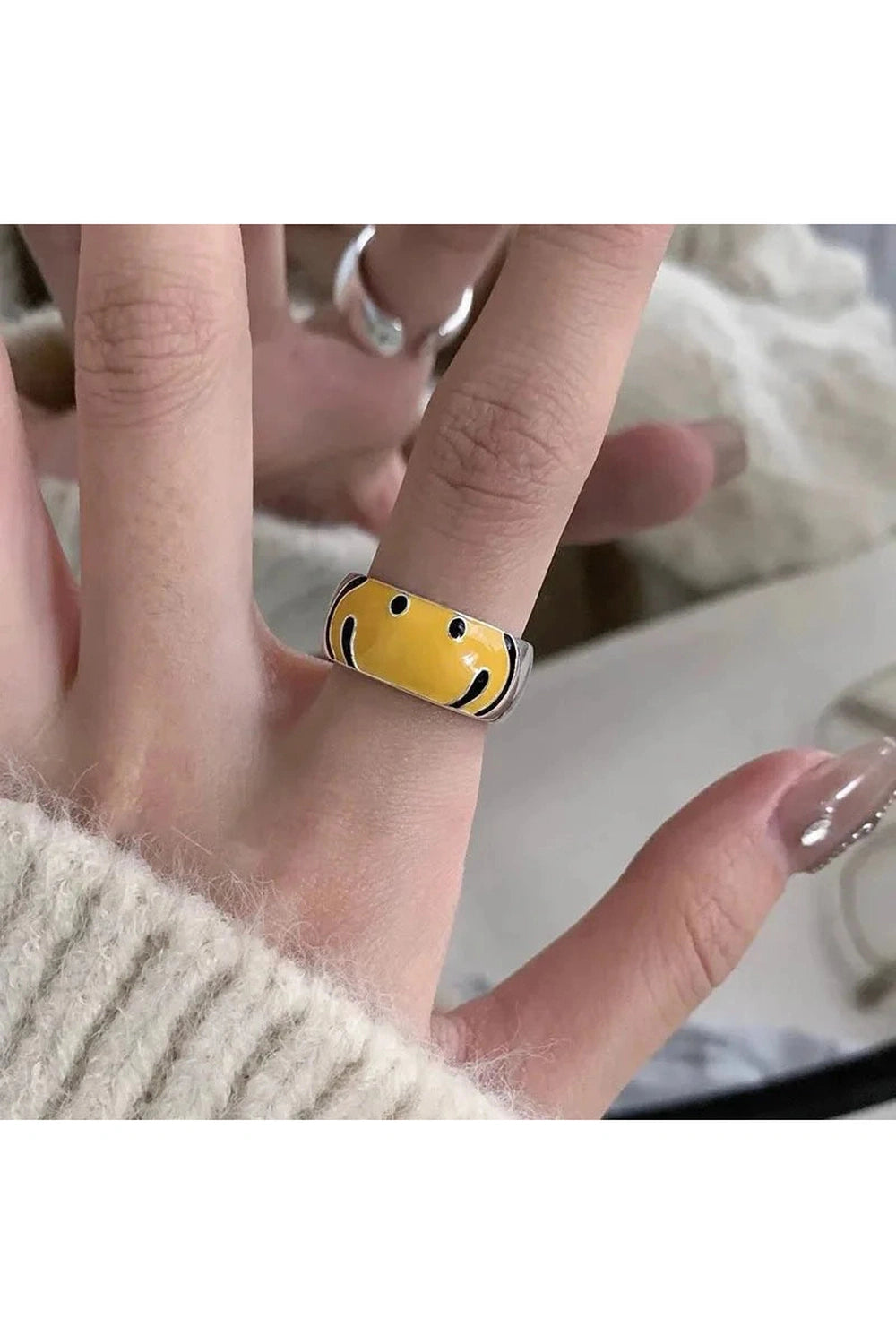 Y2k Yellow Smile Face Silver Ring