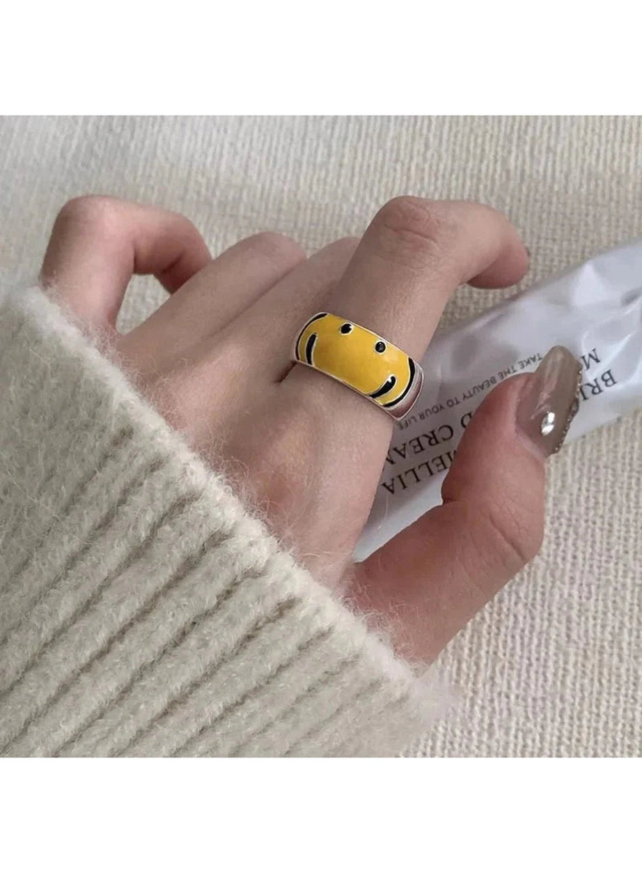 Y2k Yellow Smile Face Silver Ring