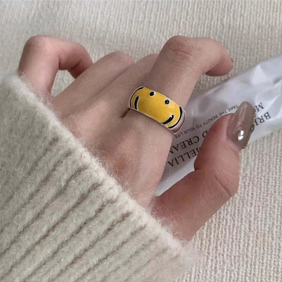 Y2k Yellow Smile Face Silver Ring