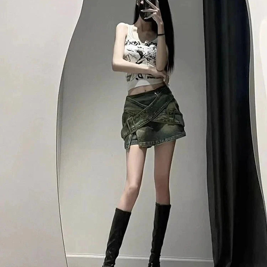 Y2k Zipper A-Line Denim Skirt