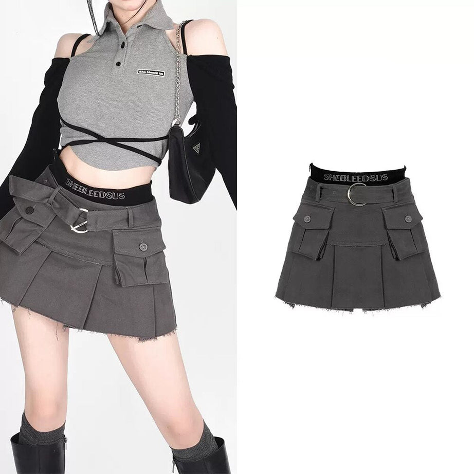 Solid Cargo Streetwear Mini Skirt