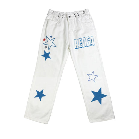White jeans with blue Y2K stars